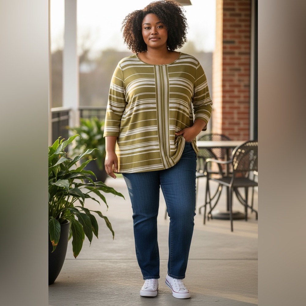 Susan Graver Chartreuse Green White Striped Stretch Knit 3/4 Sleeve Top - 2X
